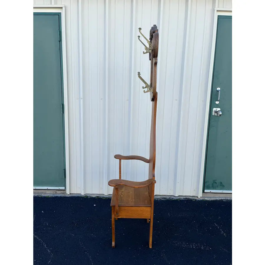 Antique Tall Tiger Oak Hall Seat With Mirror