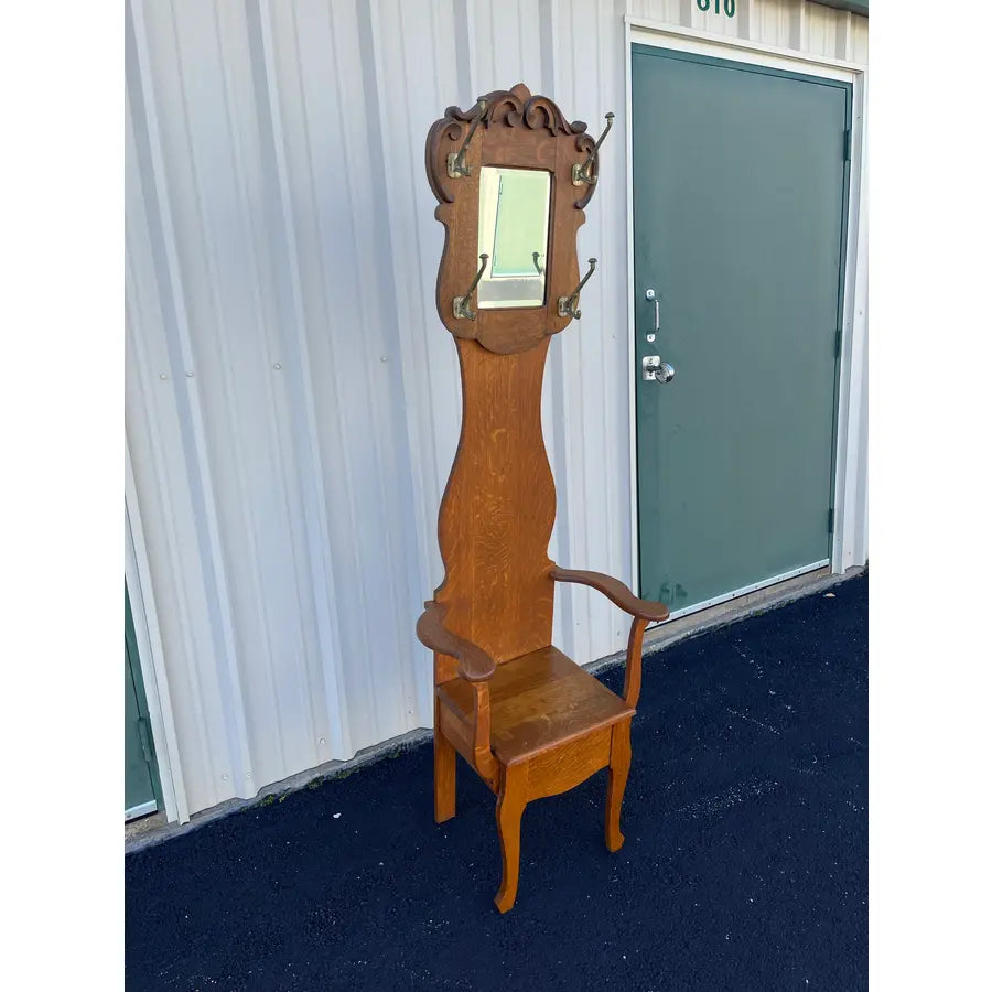 Antique Tall Tiger Oak Hall Seat With Mirror