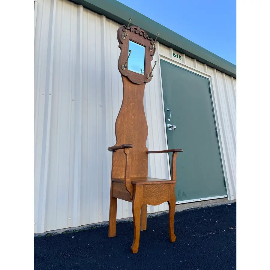 Antique Tall Tiger Oak Hall Seat With Mirror