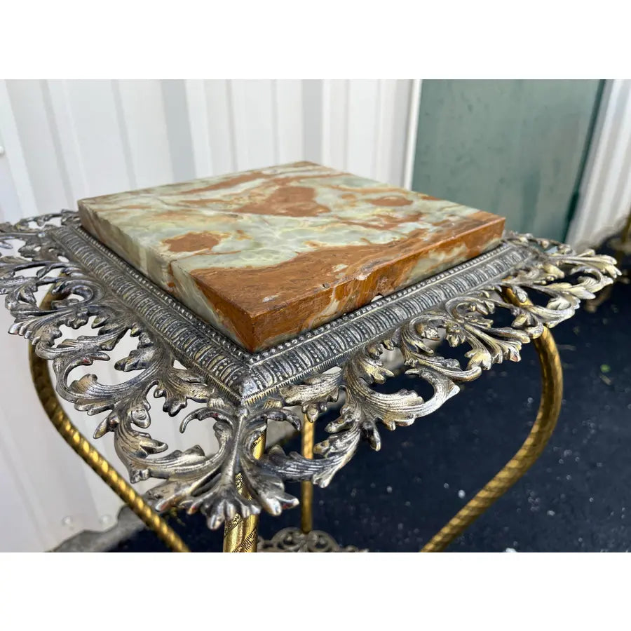 Antique Two-Tier Art Nouveau Brass and Onyx Planter Stand With Gallery