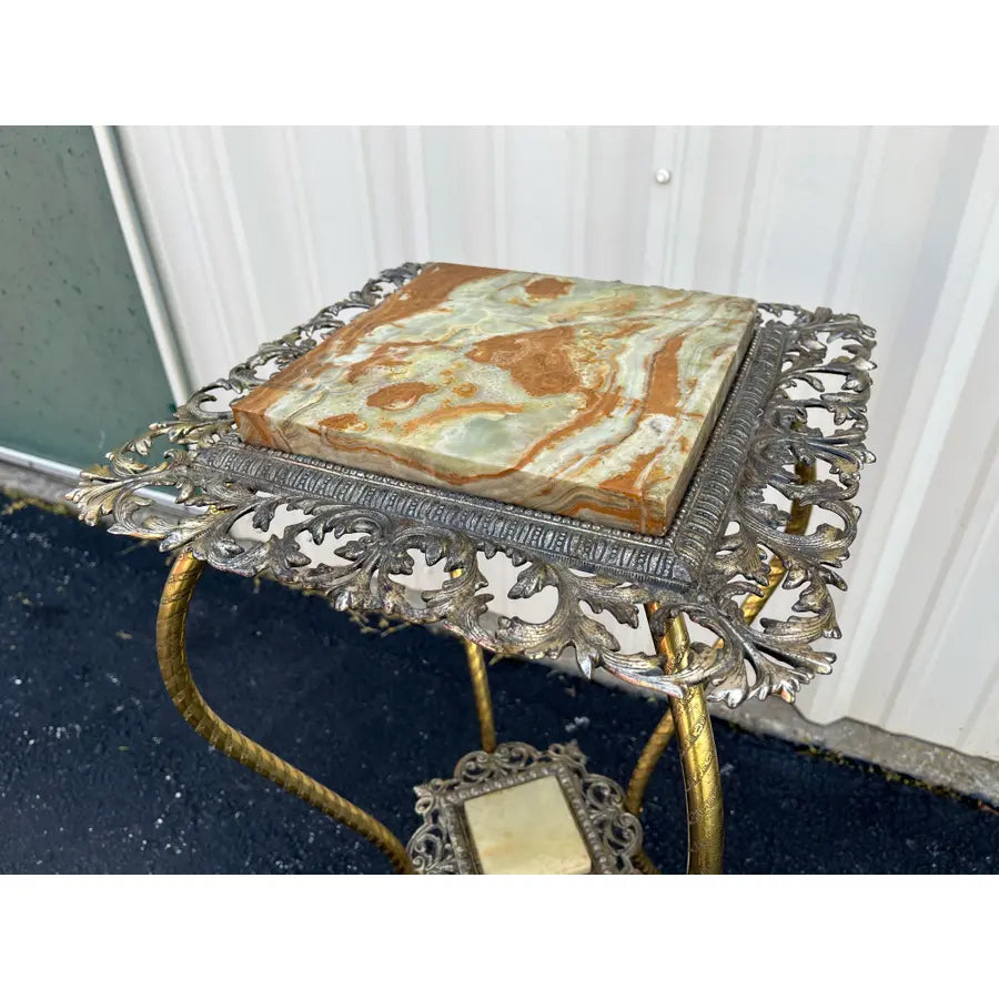 Antique Two-Tier Art Nouveau Brass and Onyx Planter Stand With Gallery