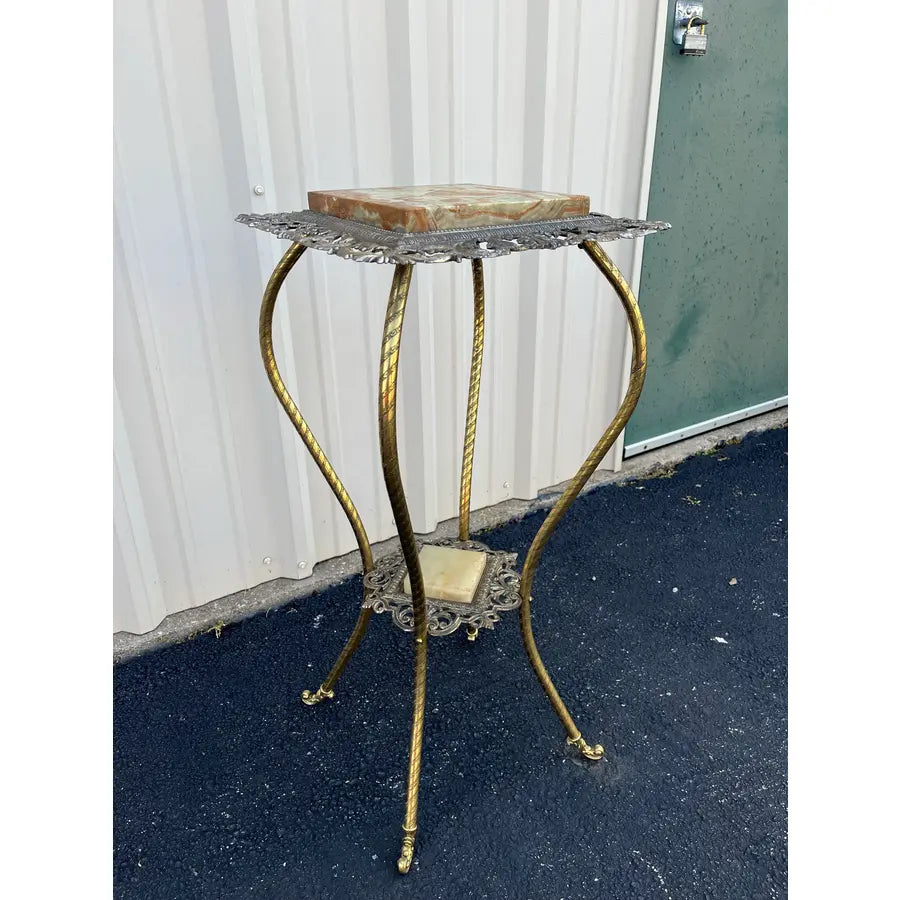 Antique Two-Tier Art Nouveau Brass and Onyx Planter Stand With Gallery