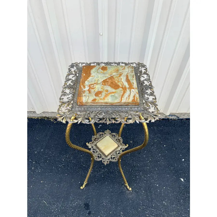 Antique Two-Tier Art Nouveau Brass and Onyx Planter Stand With Gallery