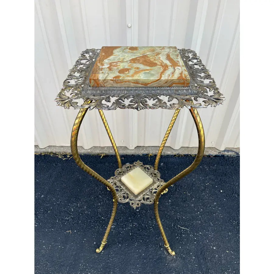 Antique Two-Tier Art Nouveau Brass and Onyx Planter Stand With Gallery