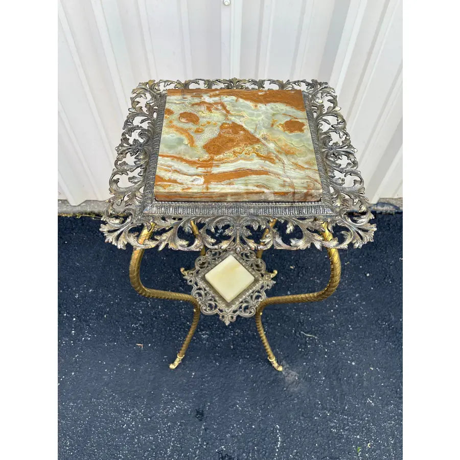 Antique Two-Tier Art Nouveau Brass and Onyx Planter Stand With Gallery