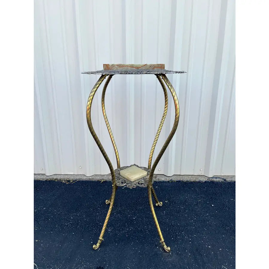 Antique Two-Tier Art Nouveau Brass and Onyx Planter Stand With Gallery