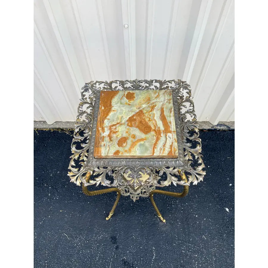 Antique Two-Tier Art Nouveau Brass and Onyx Planter Stand With Gallery