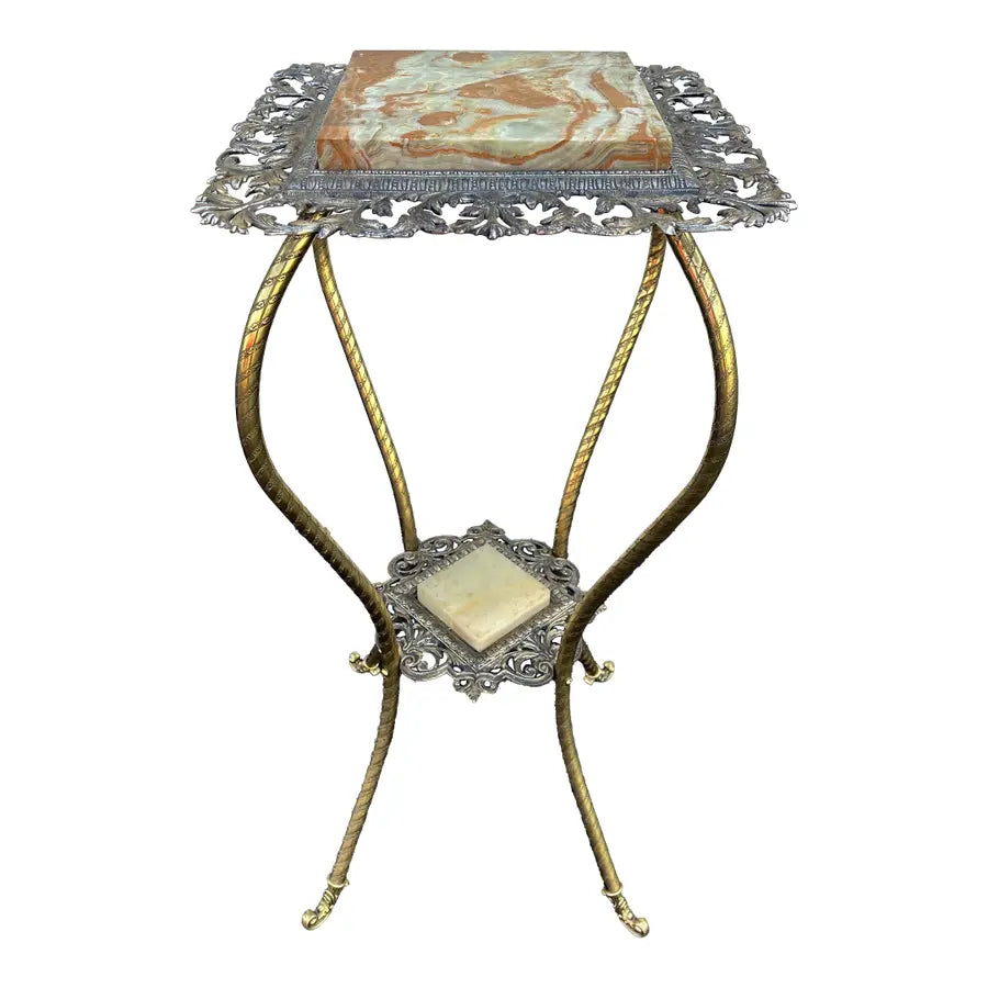 Antique Two-Tier Art Nouveau Brass and Onyx Planter Stand With Gallery
