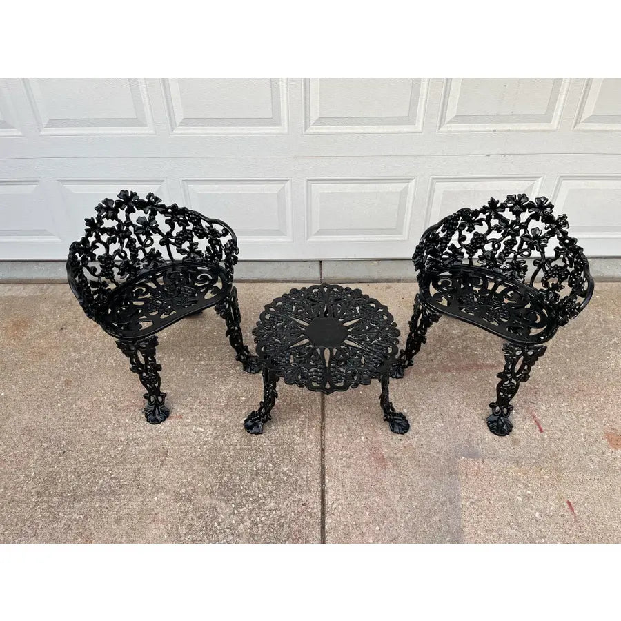 Antique Victorian Cast Iron Grapevine and Leaf Garden Table and Chairs - Set of 3