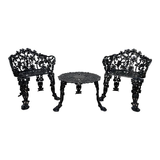 Antique Victorian Cast Iron Grapevine and Leaf Garden Table and Chairs - Set of 3