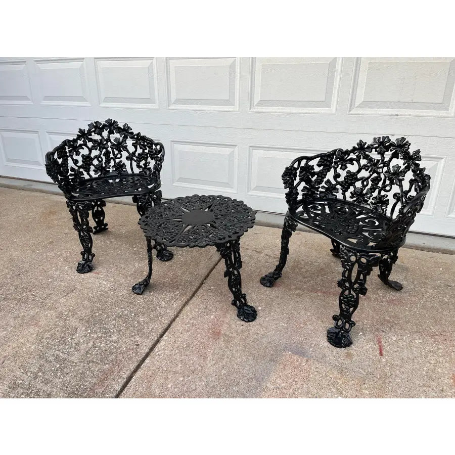 Antique Victorian Cast Iron Grapevine and Leaf Garden Table and Chairs - Set of 3