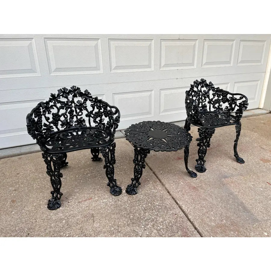 Antique Victorian Cast Iron Grapevine and Leaf Garden Table and Chairs - Set of 3