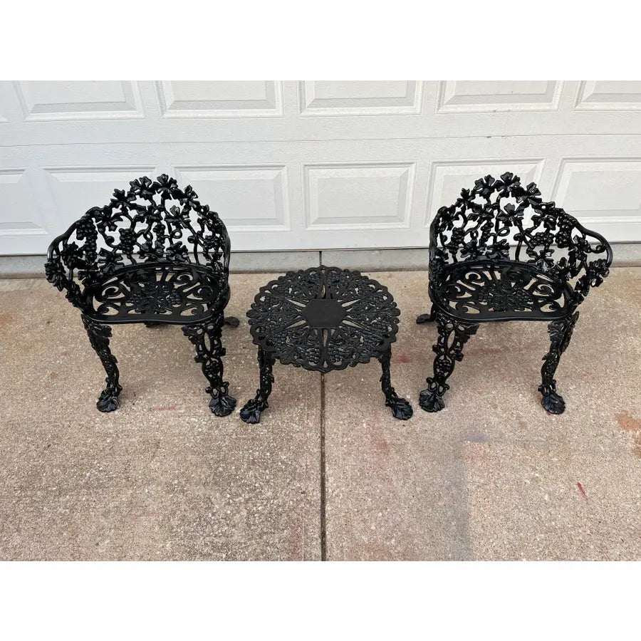 Antique Victorian Cast Iron Grapevine and Leaf Garden Table and Chairs - Set of 3