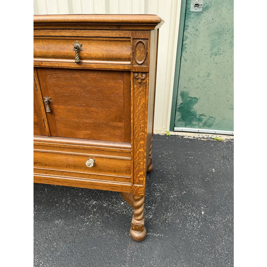 Antique Victorian Quartersawn Oak Barley Twist Sideboard Buffet