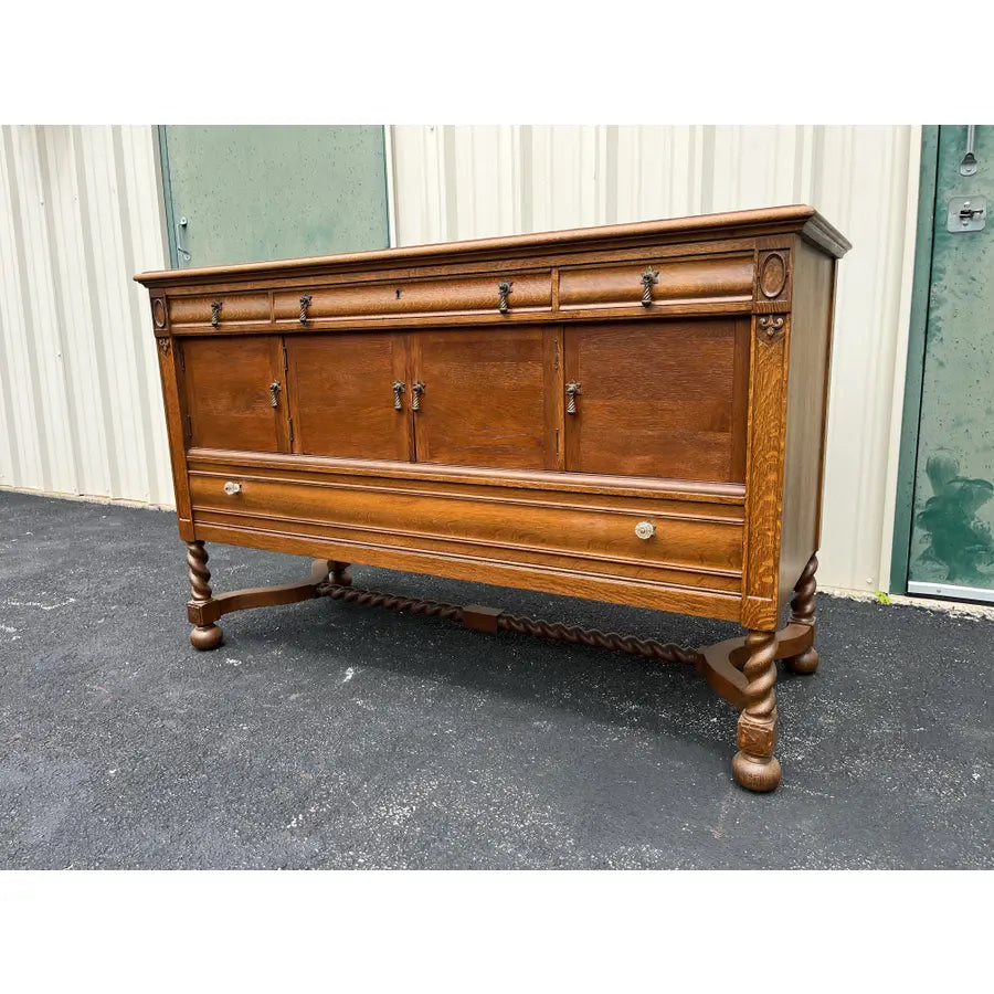 Antique Victorian Quartersawn Oak Barley Twist Sideboard Buffet