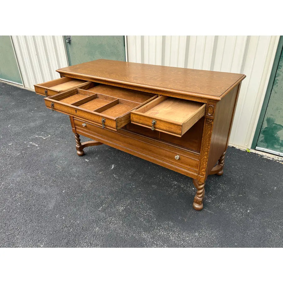 Antique Victorian Quartersawn Oak Barley Twist Sideboard Buffet