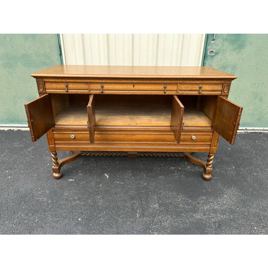 Antique Victorian Quartersawn Oak Barley Twist Sideboard Buffet