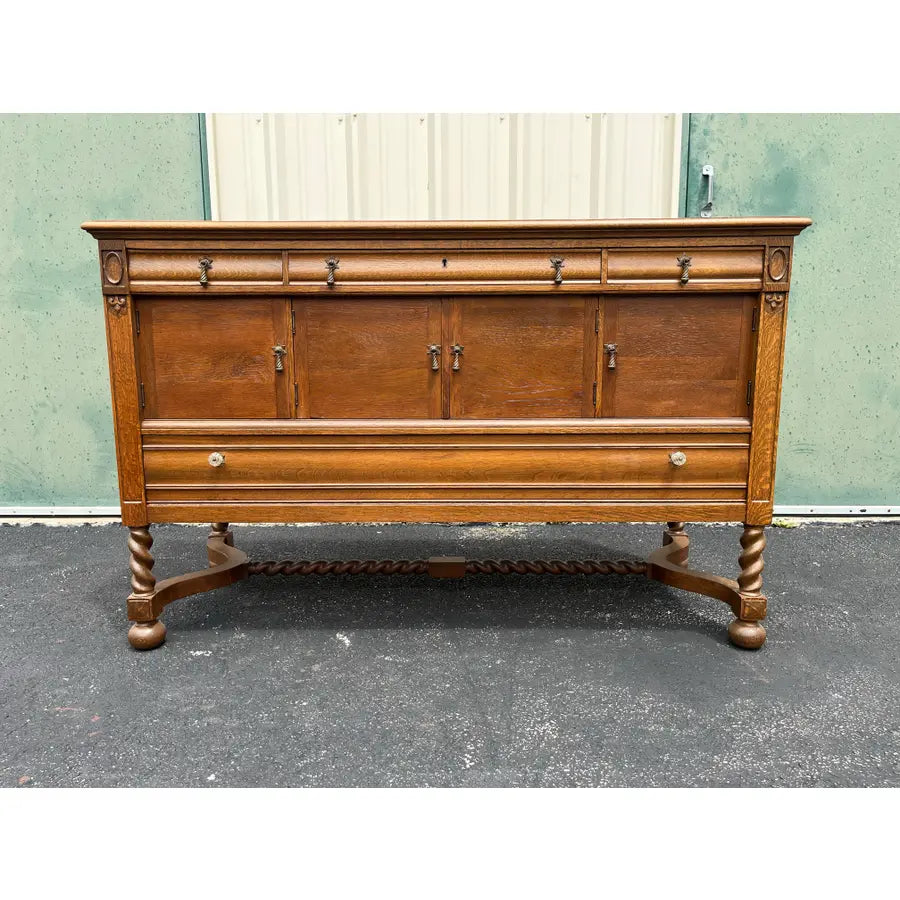 Antique Victorian Quartersawn Oak Barley Twist Sideboard Buffet