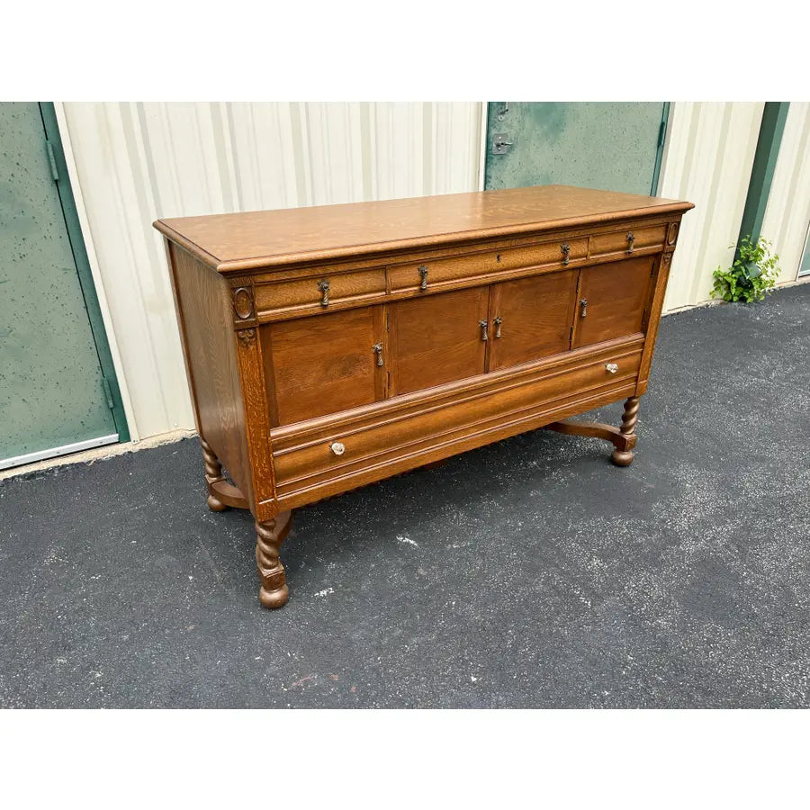 Antique Victorian Quartersawn Oak Barley Twist Sideboard Buffet