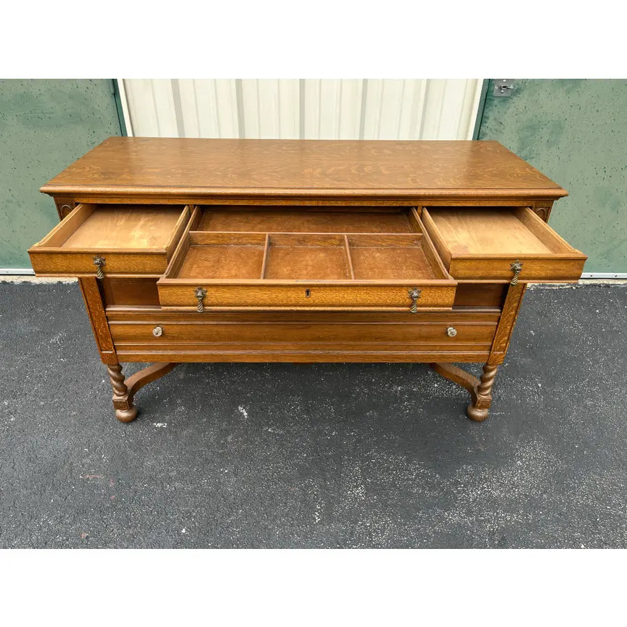 Antique Victorian Quartersawn Oak Barley Twist Sideboard Buffet