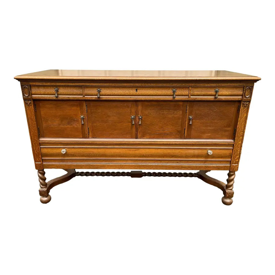 Antique Victorian Quartersawn Oak Barley Twist Sideboard Buffet