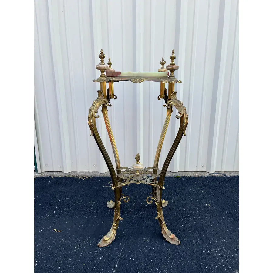 Art Nouveau Onyx and Brass Planter Stand With Polished Finials