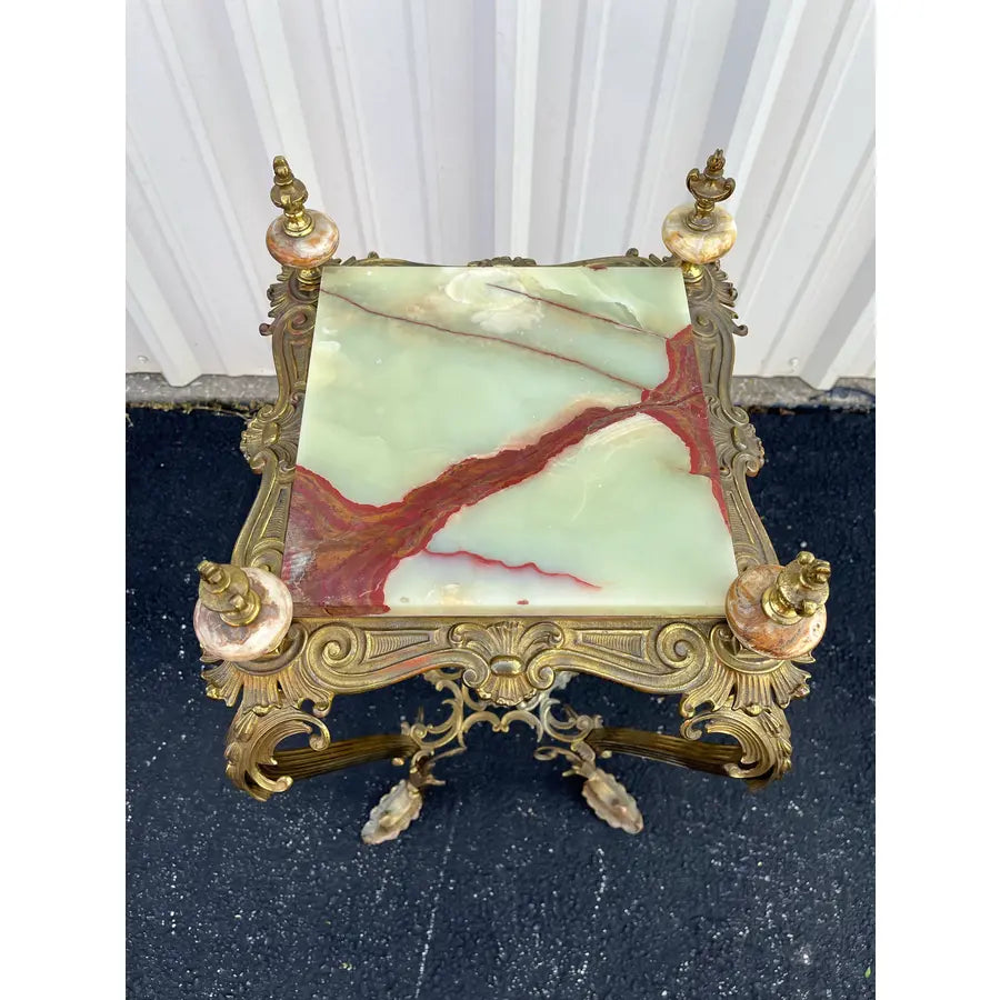 Art Nouveau Onyx and Brass Planter Stand With Polished Finials