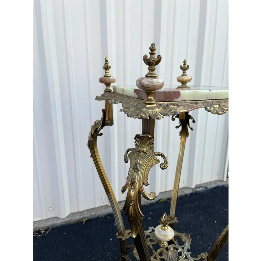 Art Nouveau Onyx and Brass Planter Stand With Polished Finials