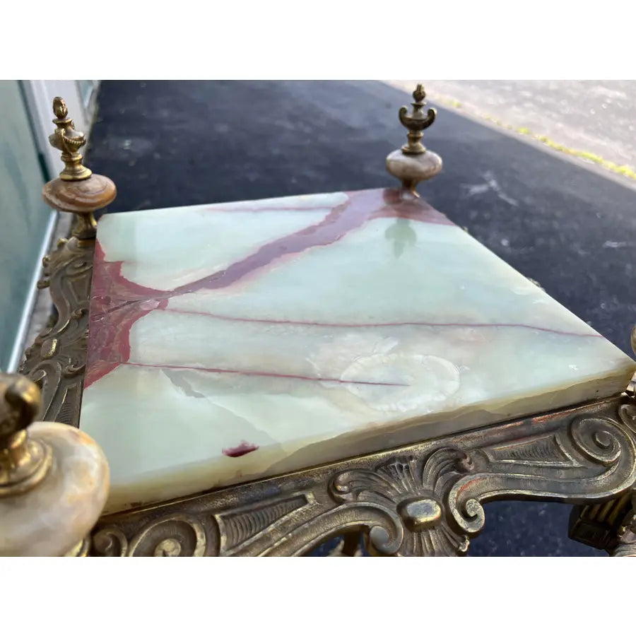 Art Nouveau Onyx and Brass Planter Stand With Polished Finials