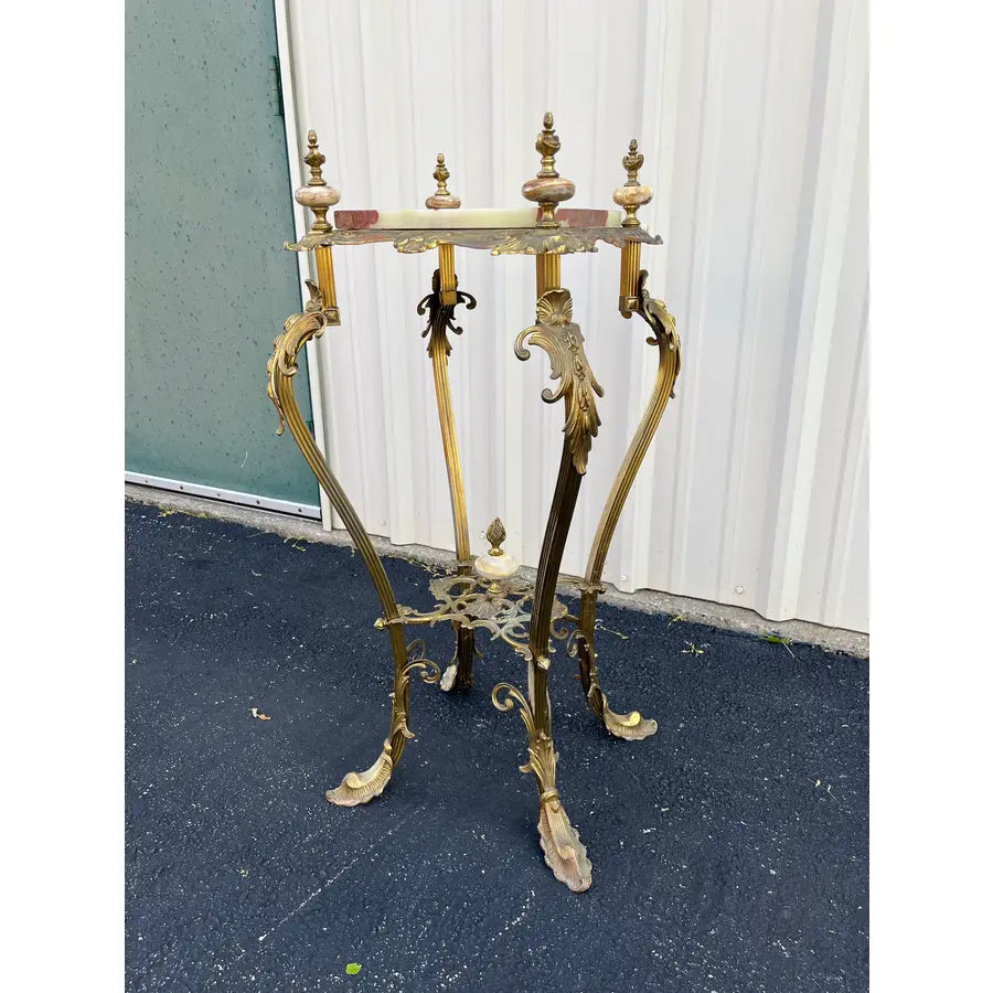Art Nouveau Onyx and Brass Planter Stand With Polished Finials
