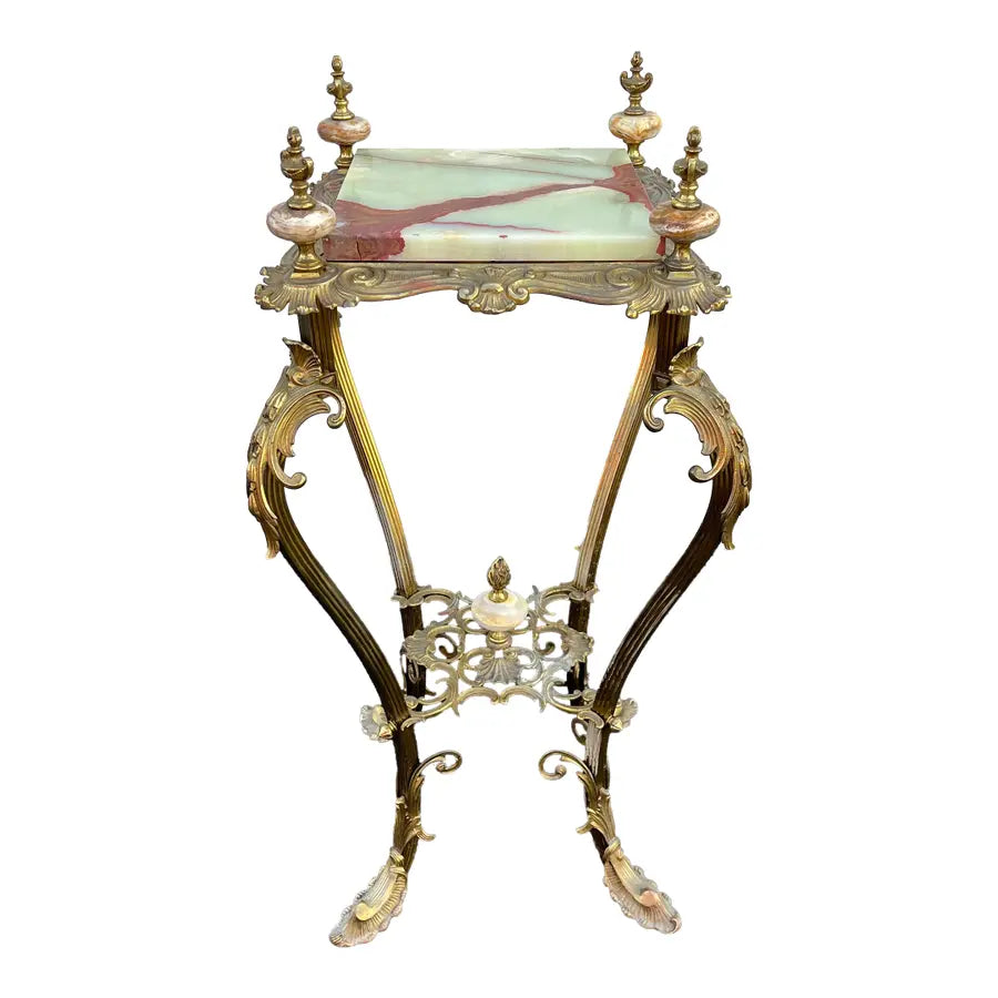 Art Nouveau Onyx and Brass Planter Stand With Polished Finials