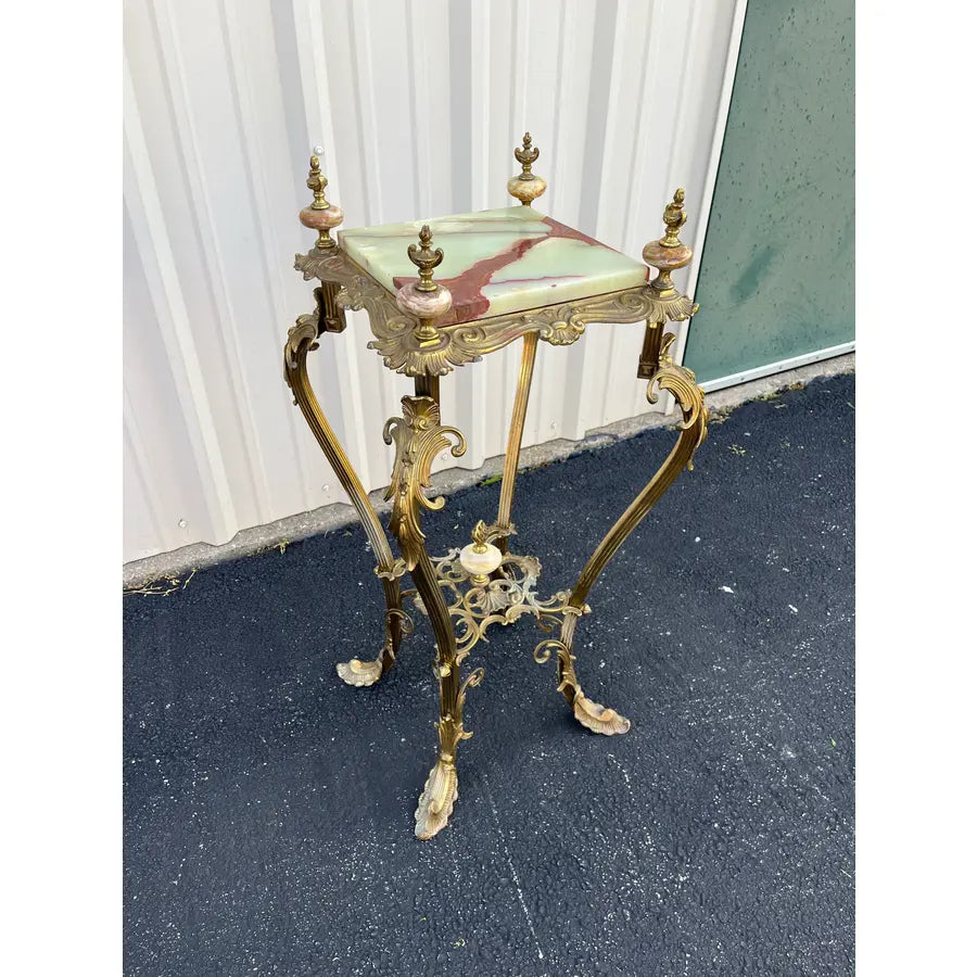 Art Nouveau Onyx and Brass Planter Stand With Polished Finials
