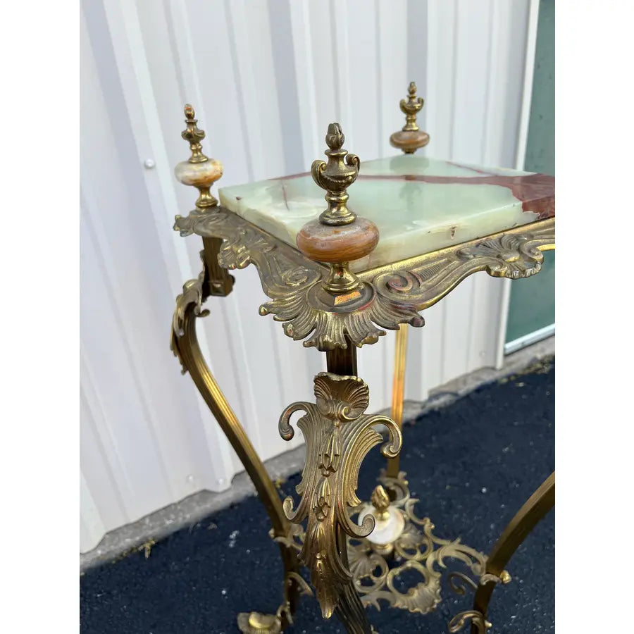 Art Nouveau Onyx and Brass Planter Stand With Polished Finials
