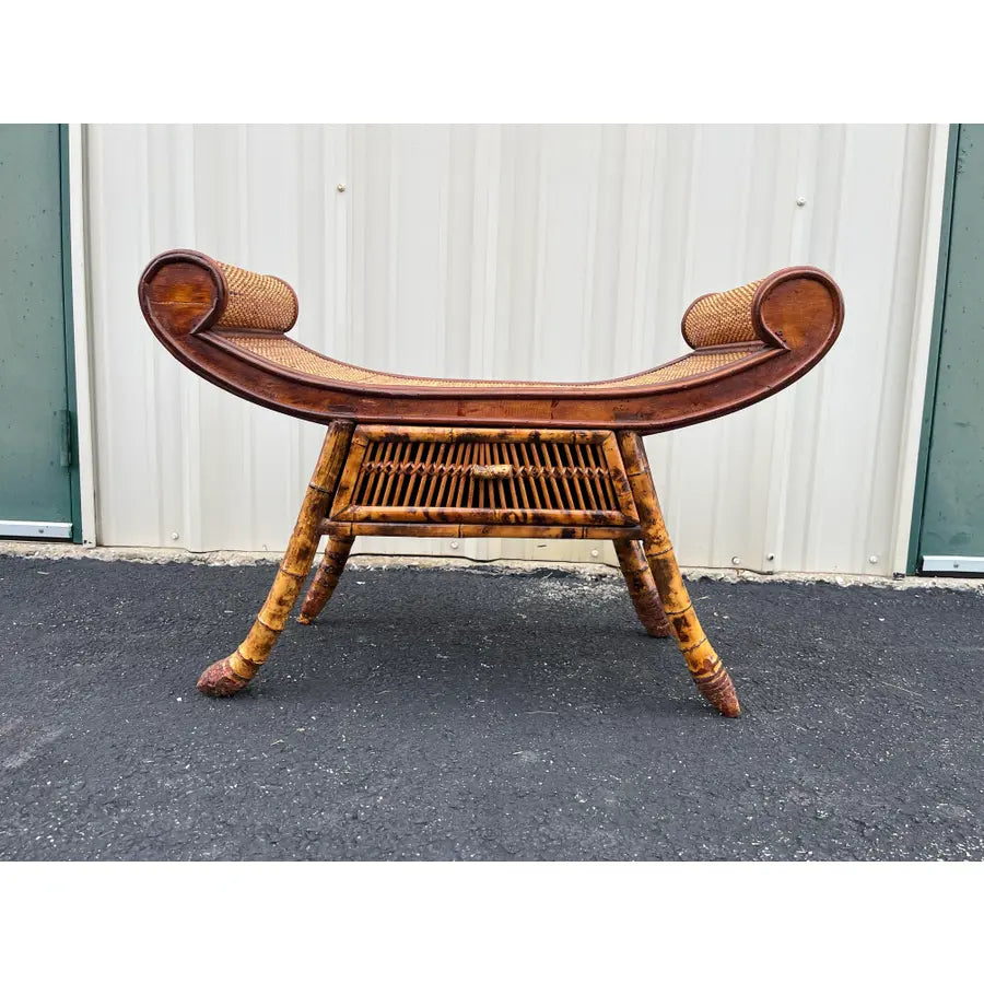 Asian Style Burnt Bamboo Rattan Scroll Arm Bench or Stool