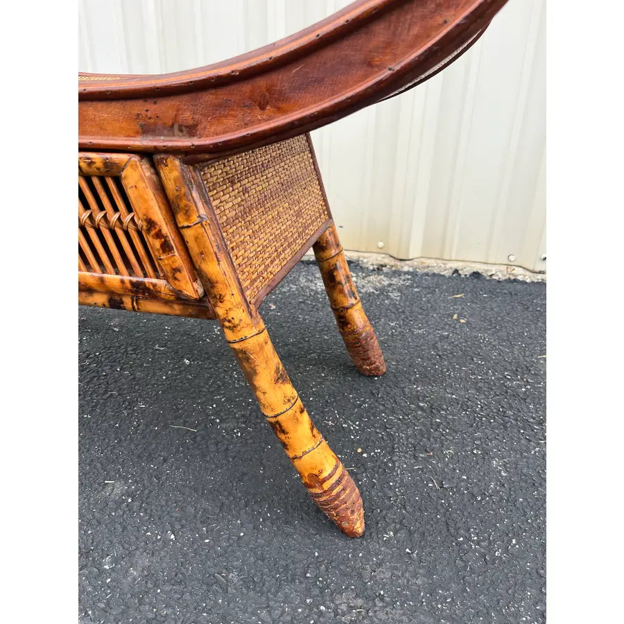 Asian Style Burnt Bamboo Rattan Scroll Arm Bench or Stool