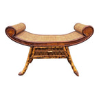 Asian Style Burnt Bamboo Rattan Scroll Arm Bench or Stool