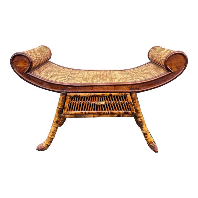 Asian Style Burnt Bamboo Rattan Scroll Arm Bench or Stool