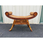 Asian Style Burnt Bamboo Rattan Scroll Arm Bench or Stool