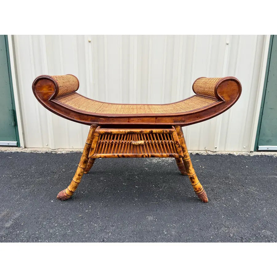 Asian Style Burnt Bamboo Rattan Scroll Arm Bench or Stool