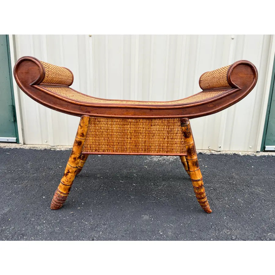 Asian Style Burnt Bamboo Rattan Scroll Arm Bench or Stool