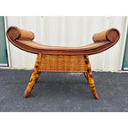 Asian Style Burnt Bamboo Rattan Scroll Arm Bench or Stool
