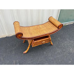 Asian Style Burnt Bamboo Rattan Scroll Arm Bench or Stool