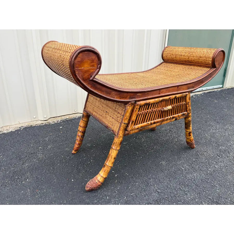Asian Style Burnt Bamboo Rattan Scroll Arm Bench or Stool