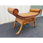 Asian Style Burnt Bamboo Rattan Scroll Arm Bench or Stool