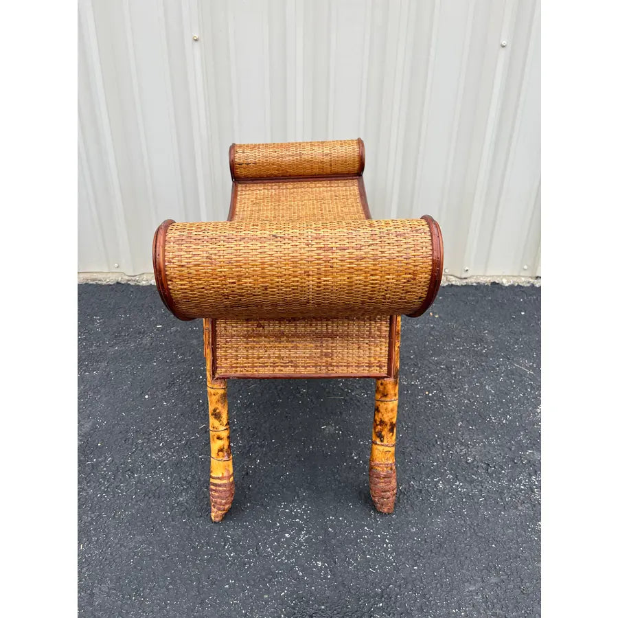 Asian Style Burnt Bamboo Rattan Scroll Arm Bench or Stool