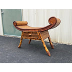 Asian Style Burnt Bamboo Rattan Scroll Arm Bench or Stool
