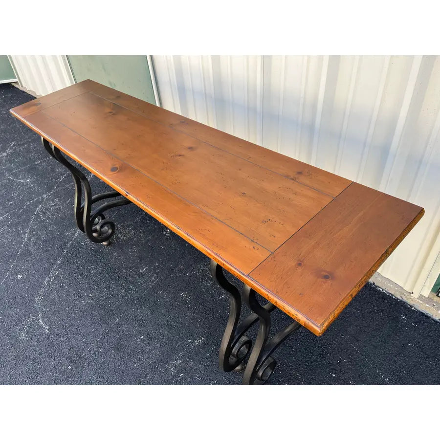 Baker Furniture Wrought Iron and Rustic Pine Sofa Console Table