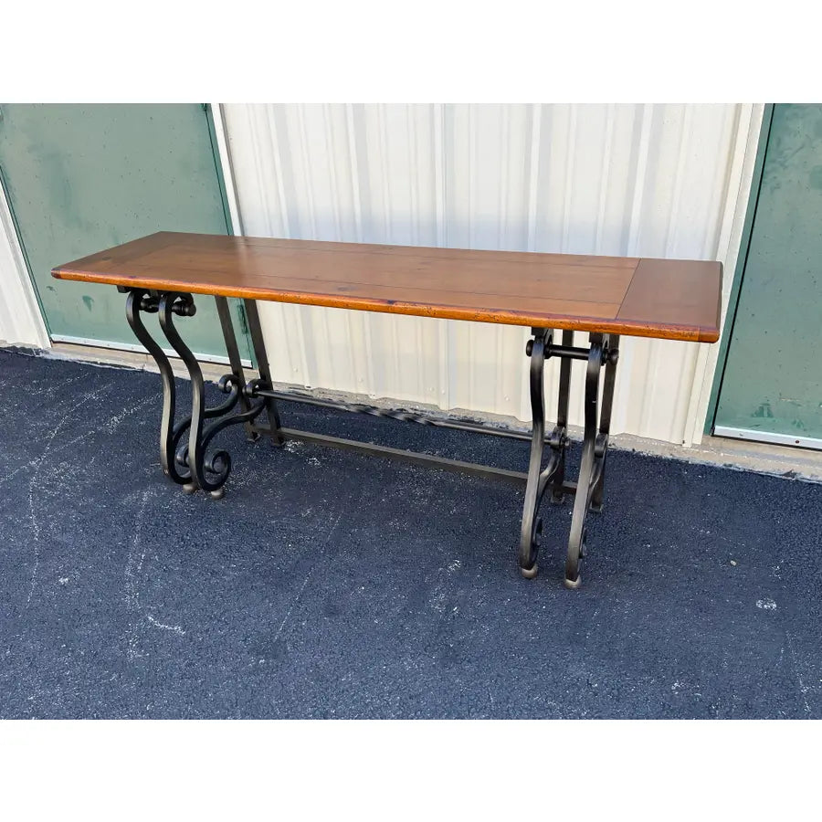 Baker Furniture Wrought Iron and Rustic Pine Sofa Console Table
