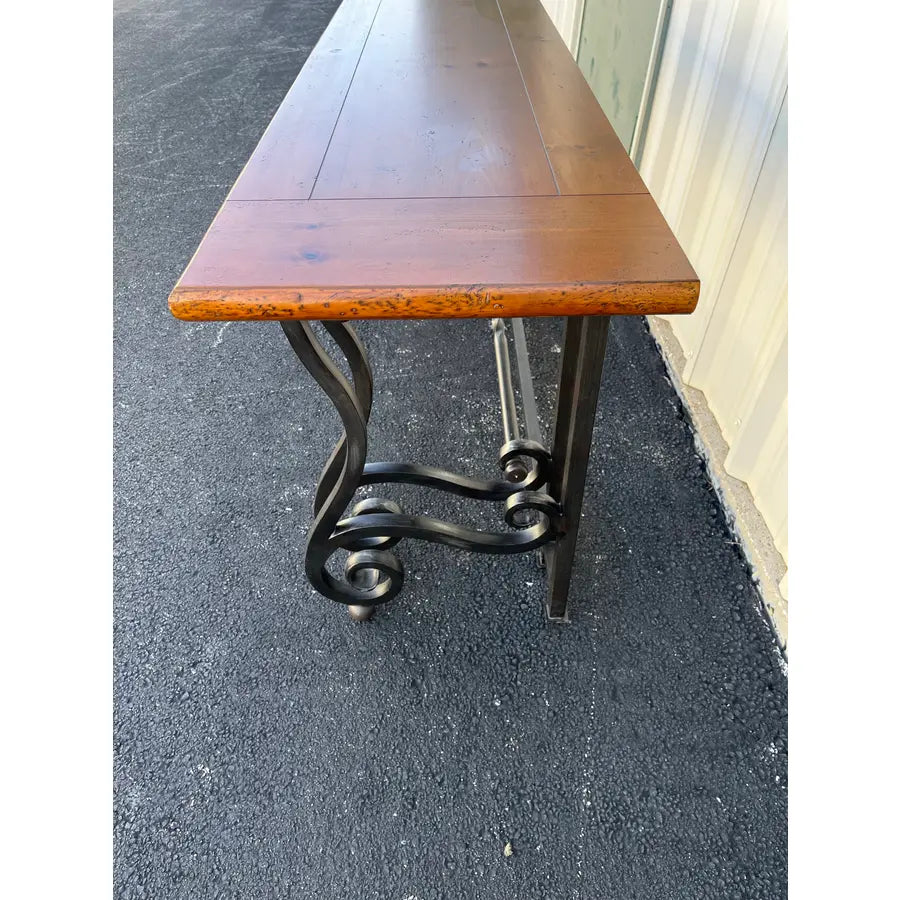 Baker Furniture Wrought Iron and Rustic Pine Sofa Console Table