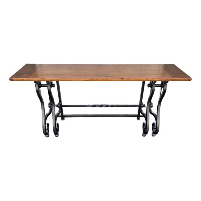 Baker Furniture Wrought Iron and Rustic Pine Sofa Console Table